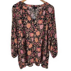 Jones New York Split V-Neck Button Front Blouse Floral Women 1X Black Pink Tan